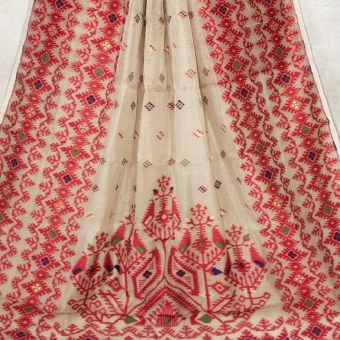 Lovely Red Cream Dhakai Jamdani Light Weight Cotton Silk Saree Without Blouse