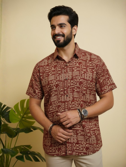 Handblock Fish Motif Men's Shirt