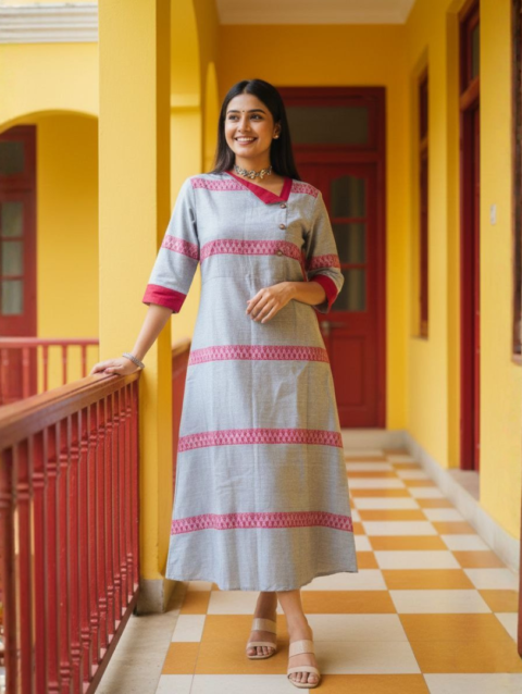 Dhonekhali Grey & Maroon Handwoven Cotton Dress