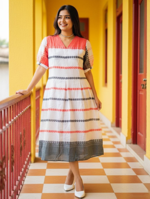 Dhonekhali Pure Handloom Heritage Cotton Dress
