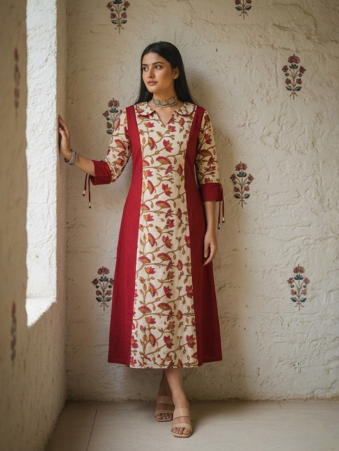 Maroon Heritage Handblock Cotton Midi Dress