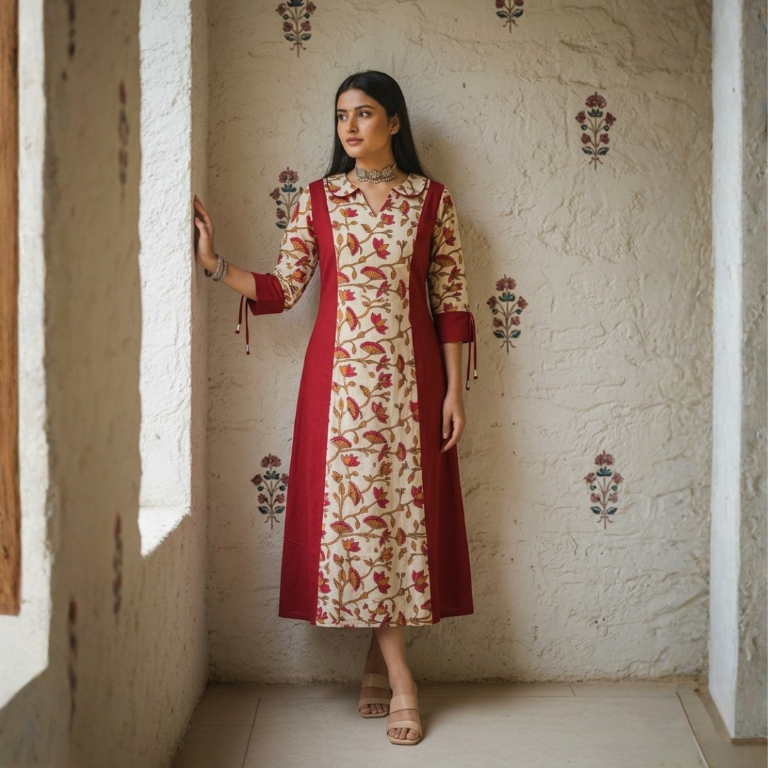 Maroon Heritage Handblock Cotton Midi Dress