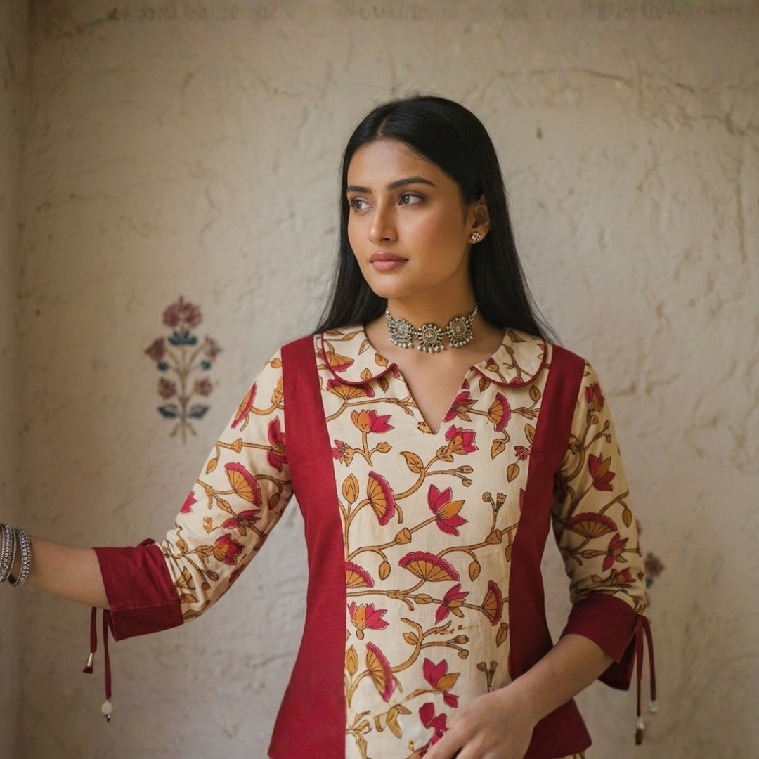 Maroon Heritage Handblock Cotton Midi Dress - Image 2