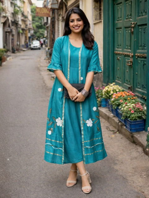 Chanderi Silk Handpainted Inner & Shrug Set