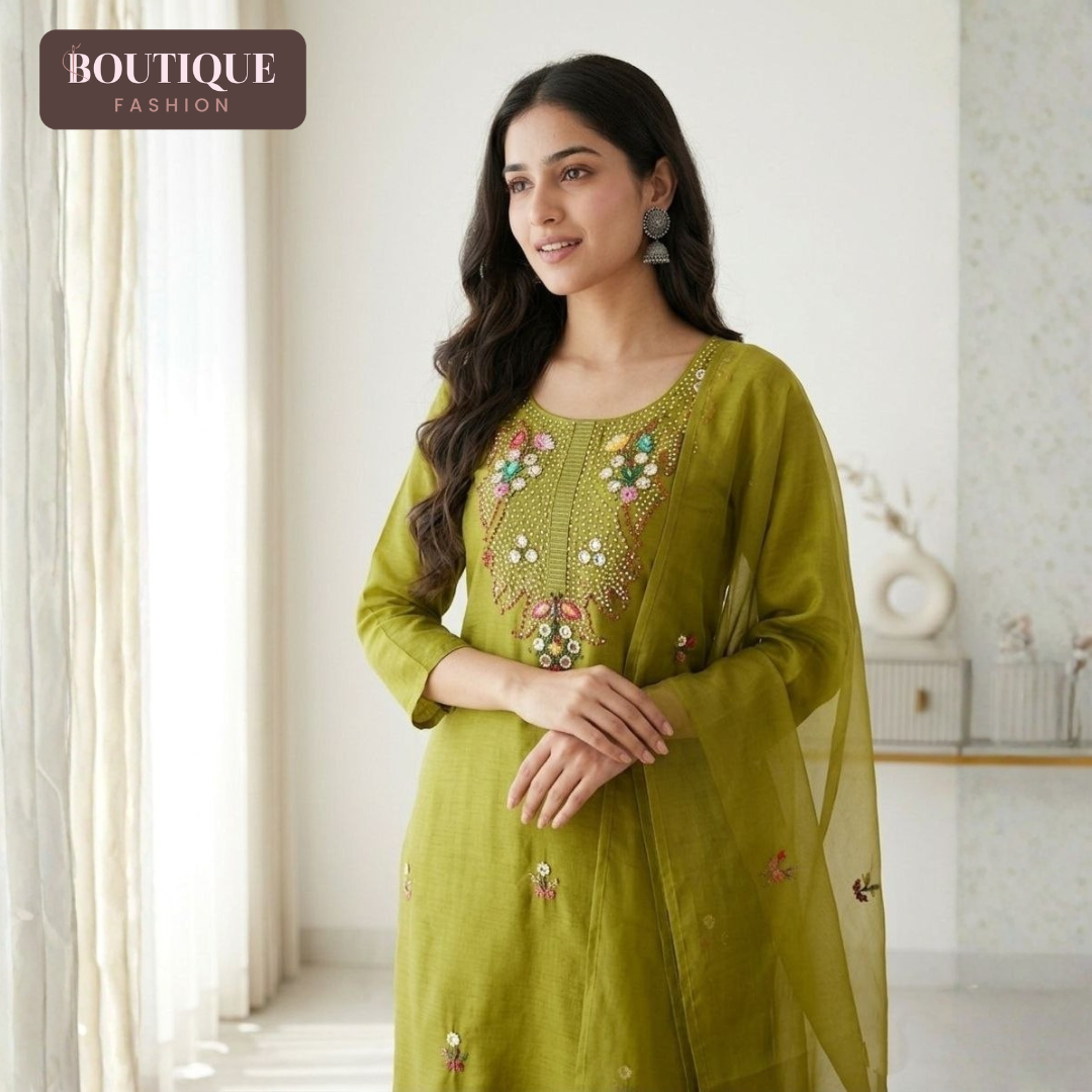 Olive Green Mul Chanderi Boolean Work Three Piece Set - Image 2