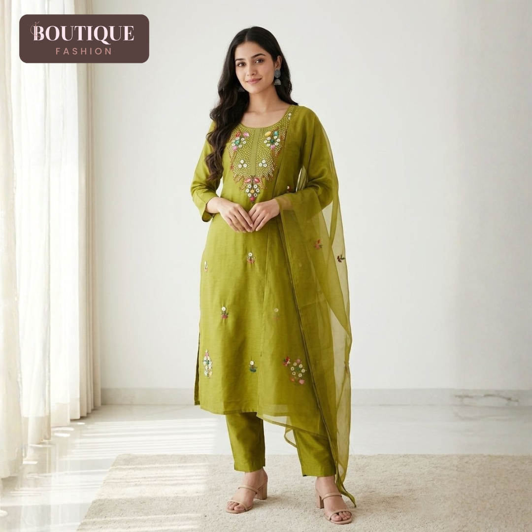 Olive Green Mul Chanderi Boolean Work Three Piece Set