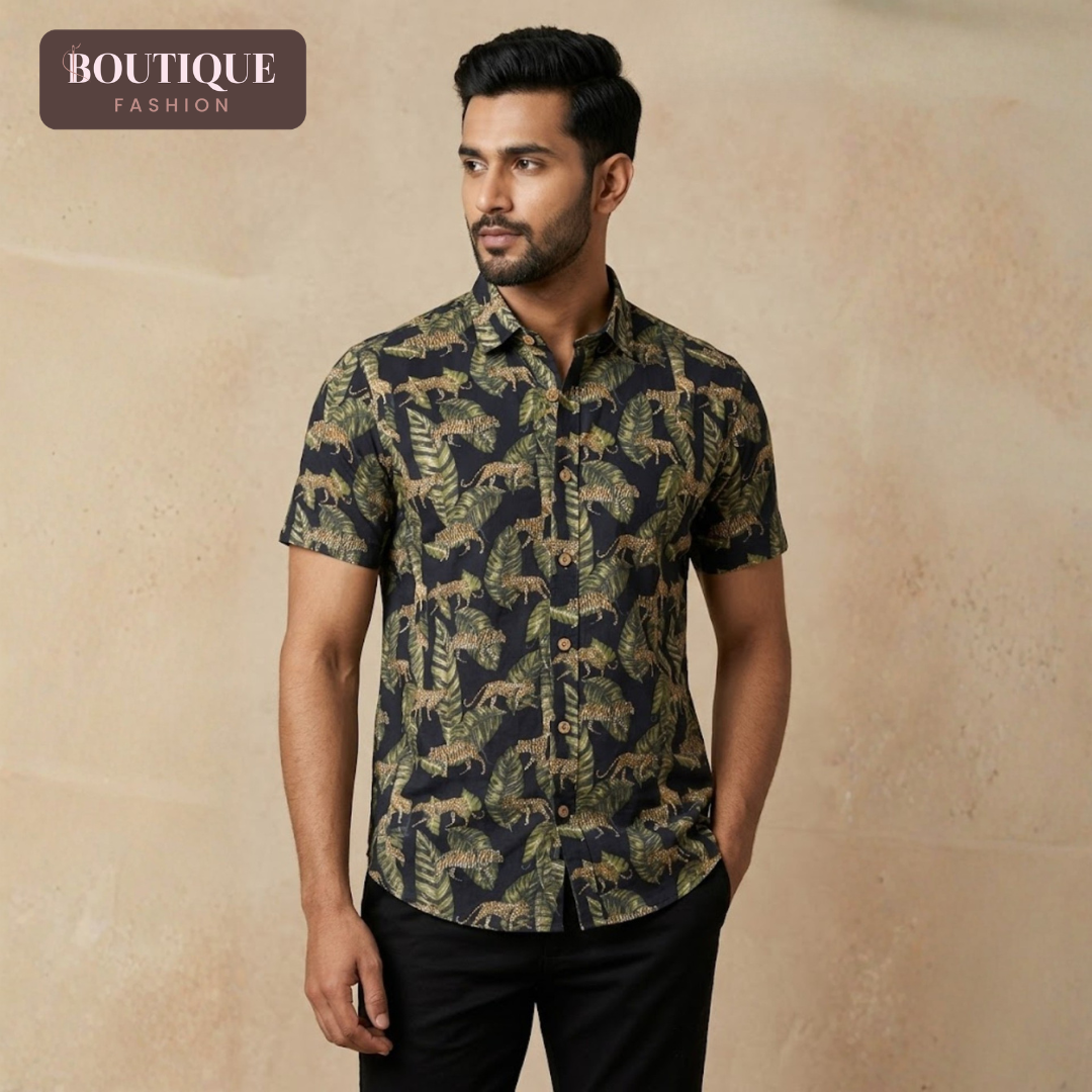 Forest-Inspired Tiger Handblock Print Shirt